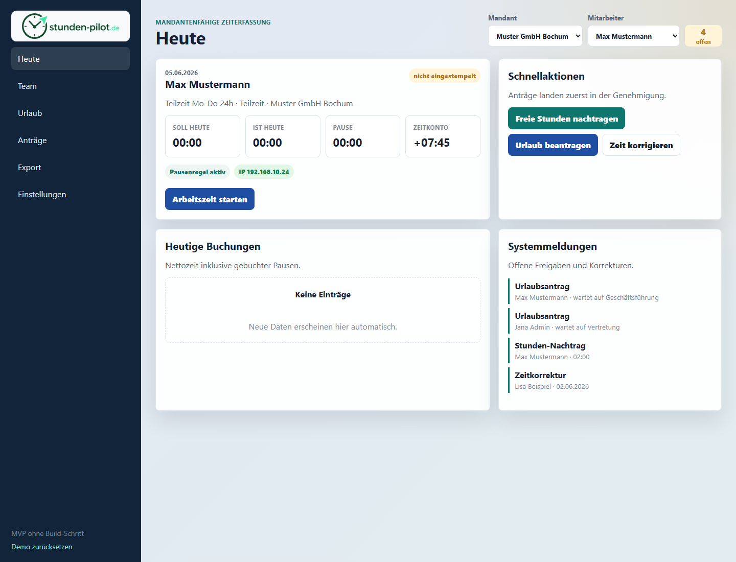 ZeitPilot Dashboard mit Stempeluhr, Schnellaktionen und offenen Systemmeldungen